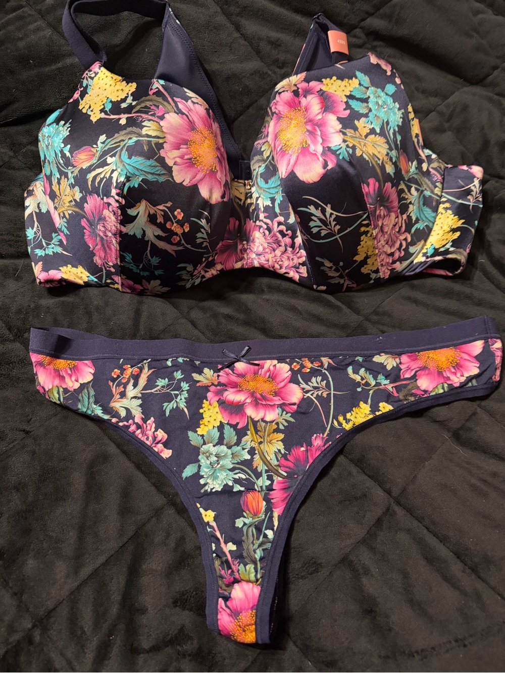 Cacique Floral Navy Lingerie Set - Floral Print Bra & Thong